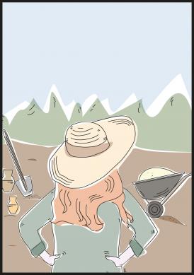 Une femme de dos avec un chapeau sur la tête, fait face à un chantier de fouilles archéologies