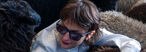 isuel faire troupeau, photo de Marion Thomas, (au centre)  portant des lunettes noires de soleil, entourée de d'un troupeau de moutons