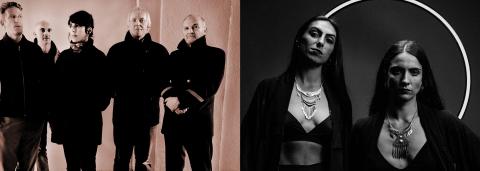 Photo de Trunks, les cinqs membres du groupe posent en ligne. Sur la deuxième photo, on voit les deux membres du groupe Exotica Lunatica, les deux femmes posent, derrière elles ont apperçoit un cercle blanc, la photo est en noir et blanc