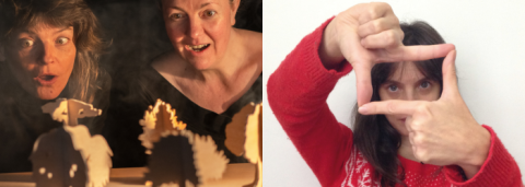 Deux visuels d'évenements côtes à côtes : Déraciné, Deux femmes regardent des figurines en carton placés devant elles. J'avancerai vers toi avec les yeux d'un sourd : Photo d'une femme en pull rouge, qui avec ses mains cadre.