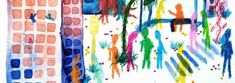 Visuel exposition VA CRÉER ! représentant des immeubles, avec un arbre au centre, de la verdure et des habitants 