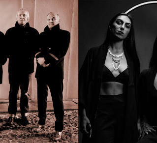 Visuel en haut de Trunks les cinqs membres du groupe pose en ligne. le visuel du bas, on voit les deux membres du groupe Exotica Lunatica, les deux femmes posent, derrière elles ont apperçoit un cercle blanc, la photo est en noir et blanc