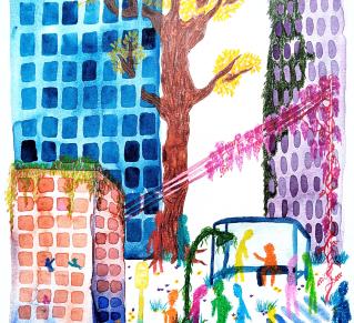 Visuel exposition VA CRÉER ! représentant des immeubles, avec un arbre au centre, de la verdure et des habitants 