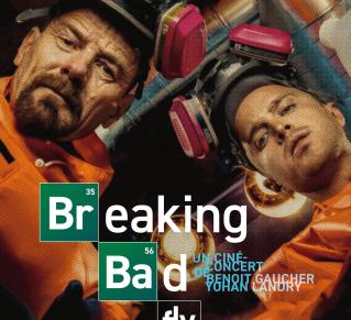 Affiche Breaking bad, on y voit Walter White, à gauche et Jesse Pinkman en combinaisons de protection orange avec des masques respiratoires sur la tête. Le titre Breaking bad est  ecrit en gros au centre de l'image, avec les lettres "br" et "ba" mises en valeur dans les carrés verts, comme sur le tableau périodique des élèments chimiques.