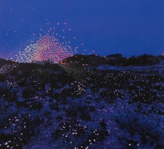 Paysage naturel de nuit et pointillés colorés