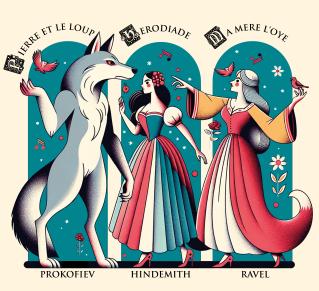 Dessin d'un loup et de femmes en robe longue