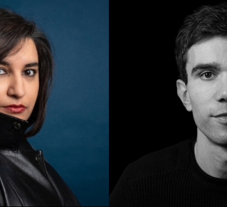 Portrait de gauche : Nassira El Moaddem, journaliste - Portrait de droite : noir et blanc de Benoit Coquard sociologue