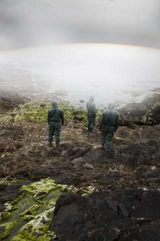 Des personnes en tenue de protection sur une plage