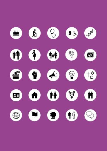 Visuel avec les picto des 26 critères de discrimination par la loi