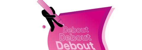 Visuel concours "Faites court 27 !". Visuel : dessin on y voit une feuille rose avec au coin en haut à gauche un personnage sans tête qui tiens un crayon, un second assis