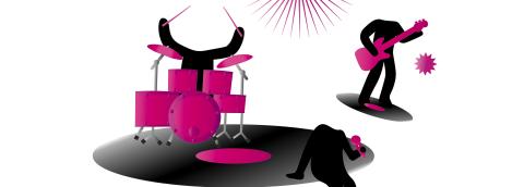 Visuel tremplin À vous de jouer ! 2027. Visuel : visuel dessiné, on y voit des disques vinyles, un sur lequel un personnage sans visage fait de la batterie, un autre de la guitare, et un autre assis sur le bord d'un des disques vinyls tenant un micro, sur le côté il y a un soleil de couleur rose et des étoiles de couleur rose. 