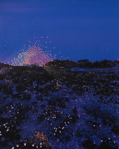 Paysage naturel de nuit et pointillés colorés