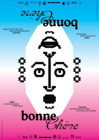 Affiche expo Bonne chère avec un dégradé de bleu vers le rose représentant un visage en symétrie