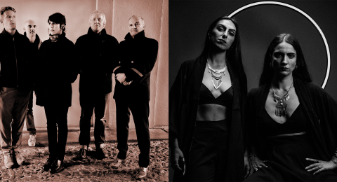 Photo de Trunks, les cinqs membres du groupe posent en ligne. Sur la deuxième photo, on voit les deux membres du groupe Exotica Lunatica, les deux femmes posent, derrière elles ont apperçoit un cercle blanc, la photo est en noir et blanc