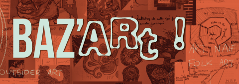 Visuel de l'exposition avec une superposition de textes et images en arrière plan, sur fond orange. Dessus sont écrits le nom de l'exposition présentée par L'équipée critique les dates et