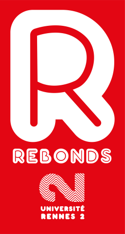 Logo des Rebonds, "R" majuscule en blanc sur fond rouge, avec écrit en dessous "Rebonds" titre de ce type d'événement lié à la recherche à Rennes 2 où des enseignantes et enseignants chercheurs rebondissent sur des oeuvres en les liant à leur champs de recherche en sciences humaines et sociales accompagné en dessous du logo Université Rennes 2